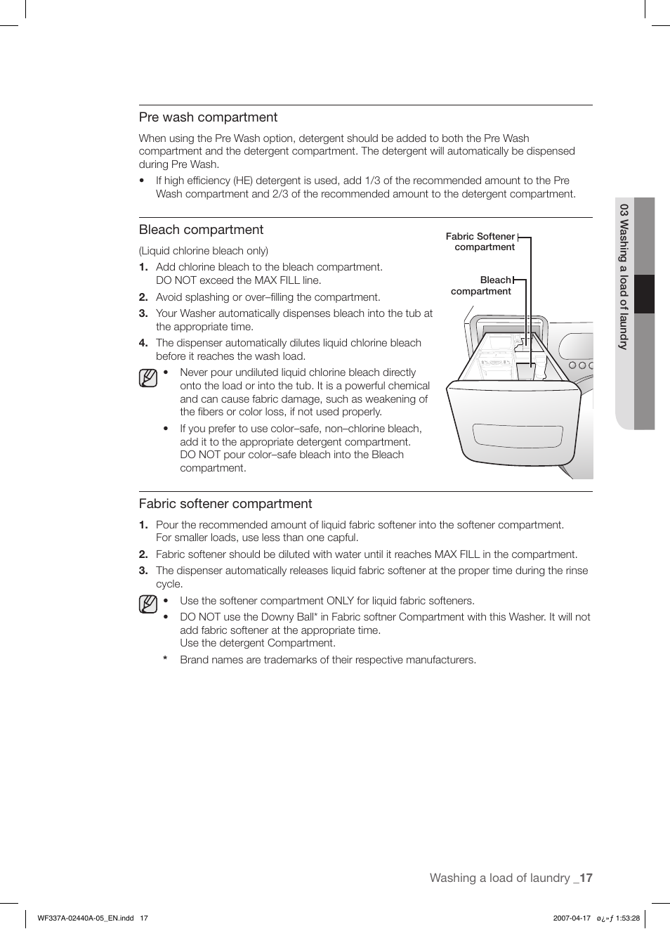 Pre wash compartment, Bleach compartment, Fabric softener compartment | Samsung SK-4A User Manual | Page 17 / 28