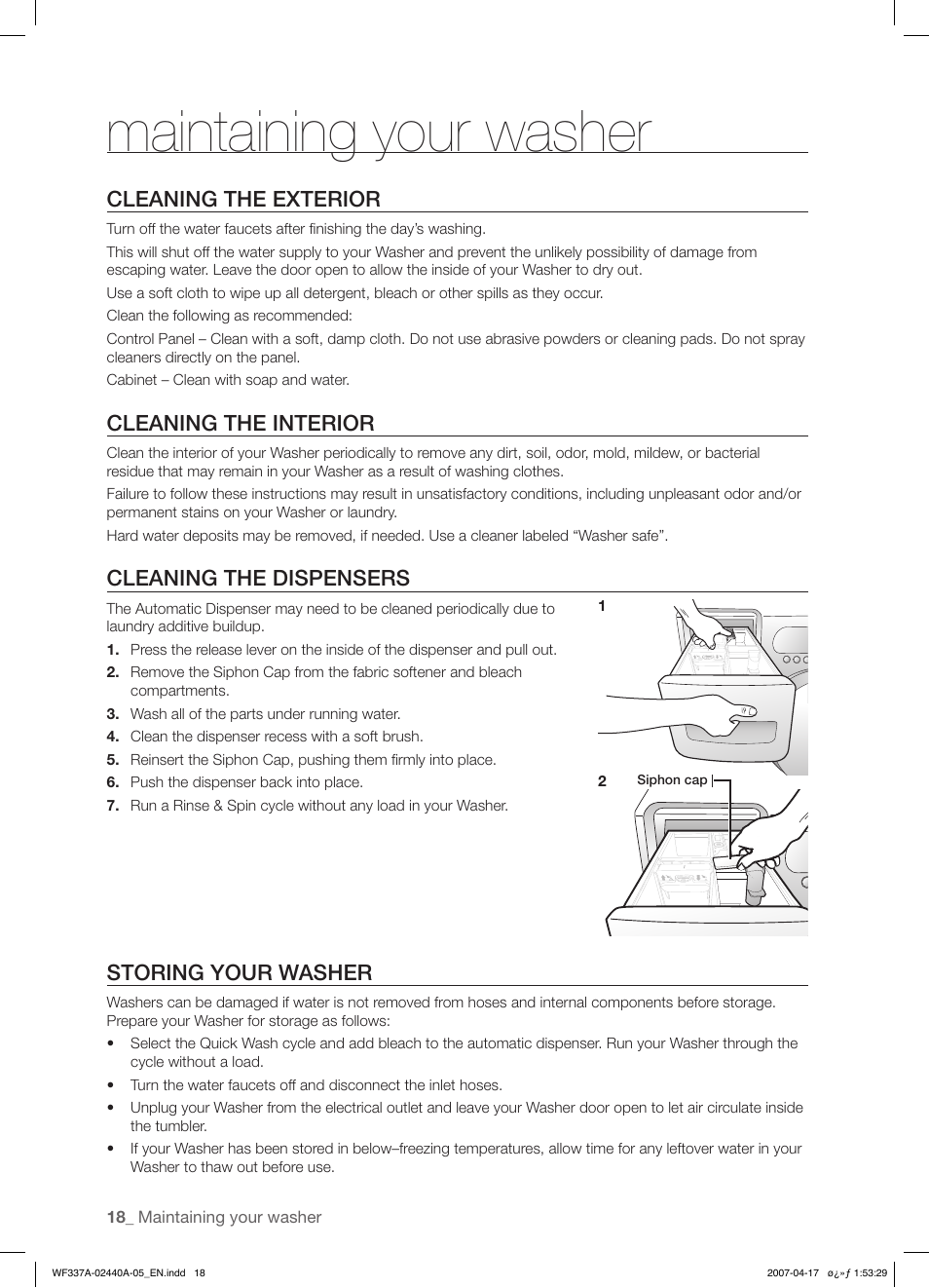 Maintaining your washer, Cleaning the exterior, Cleaning the interior | Cleaning the dispensers, Storing your washer | Samsung SK-4A User Manual | Page 18 / 28