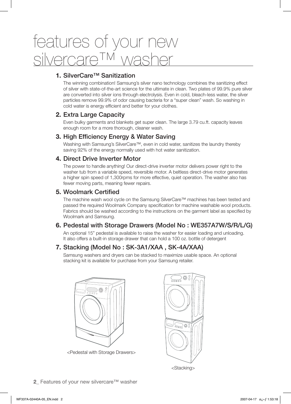 Features of your newsilvercare™ washer, Features of your new silvercare™ washer | Samsung SK-4A User Manual | Page 2 / 28