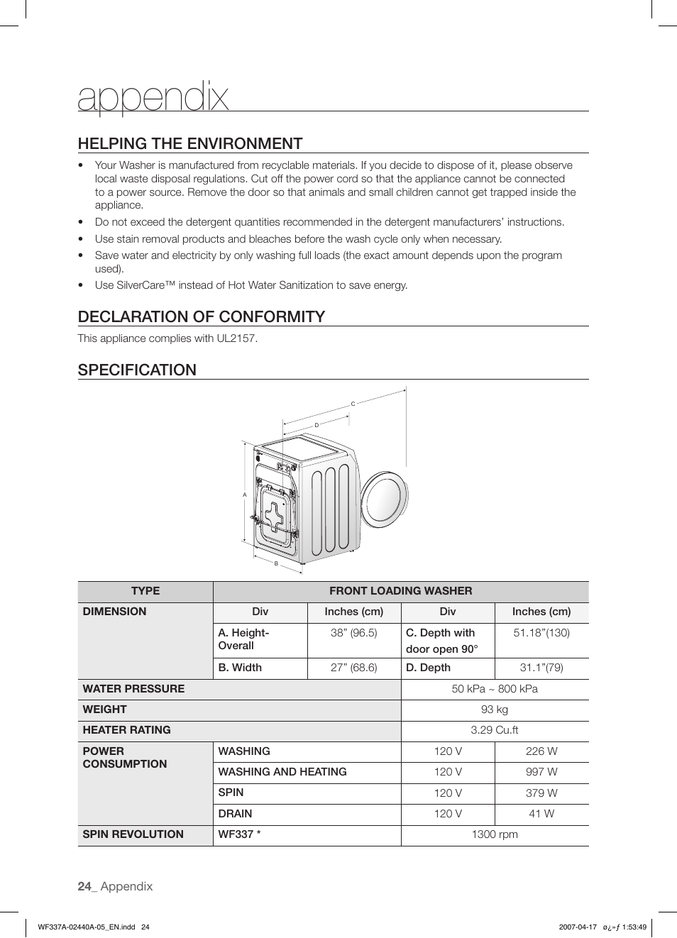 Appendix, Helping the environment, Declaration of conformity | Specification | Samsung SK-4A User Manual | Page 24 / 28