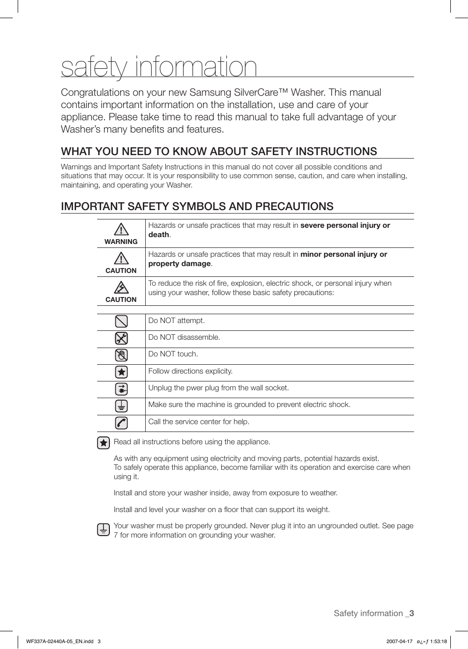 Safety information, What you need to know about safety instructions, Important safety symbols and precautions | Samsung SK-4A User Manual | Page 3 / 28