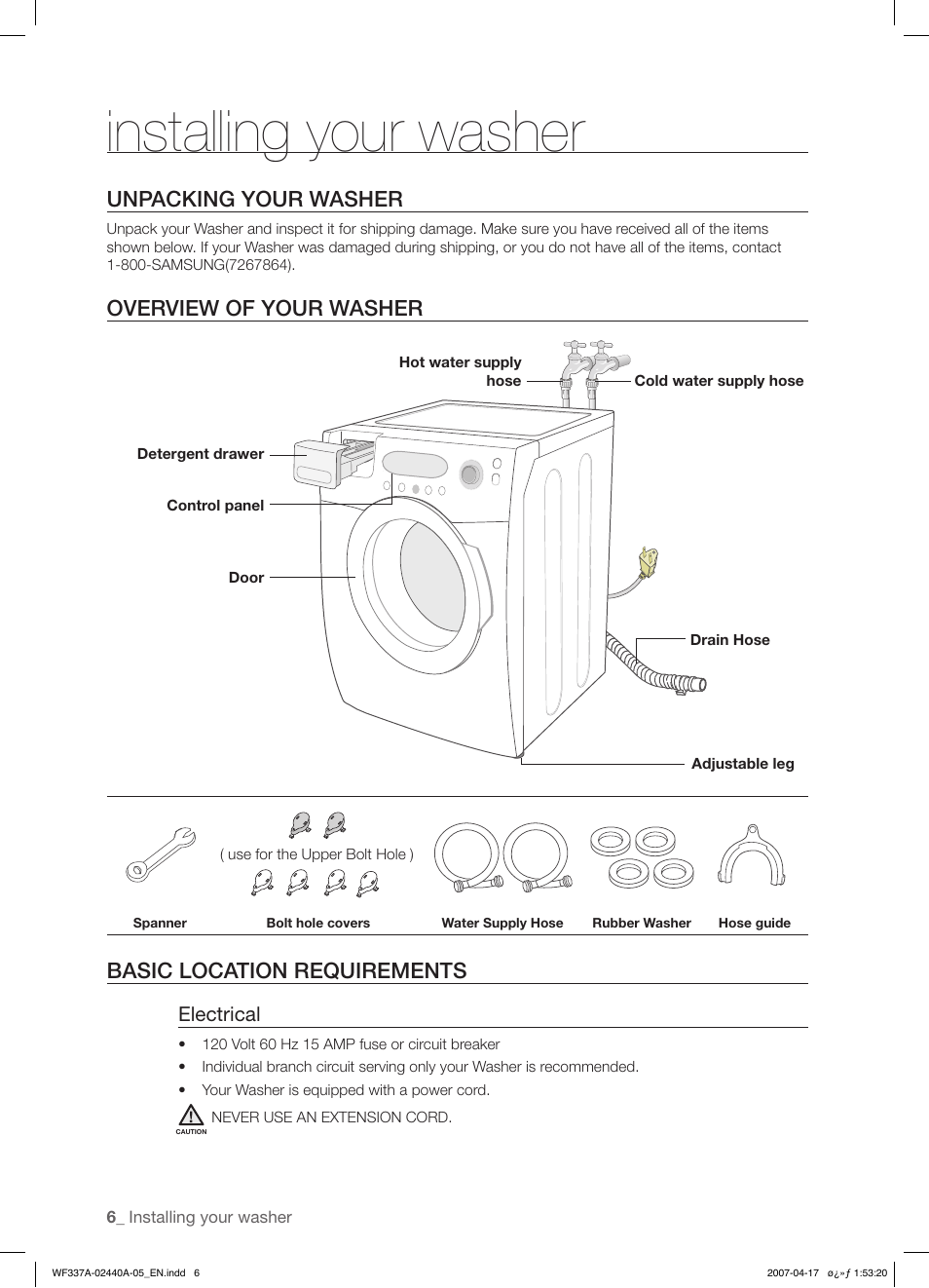 Installing your washer, Unpacking your washer, Overview of your washer | Basic location requirements | Samsung SK-4A User Manual | Page 6 / 28