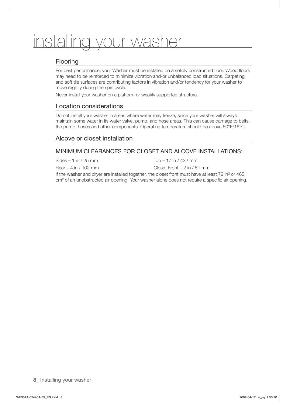 Installing your washer | Samsung SK-4A User Manual | Page 8 / 28