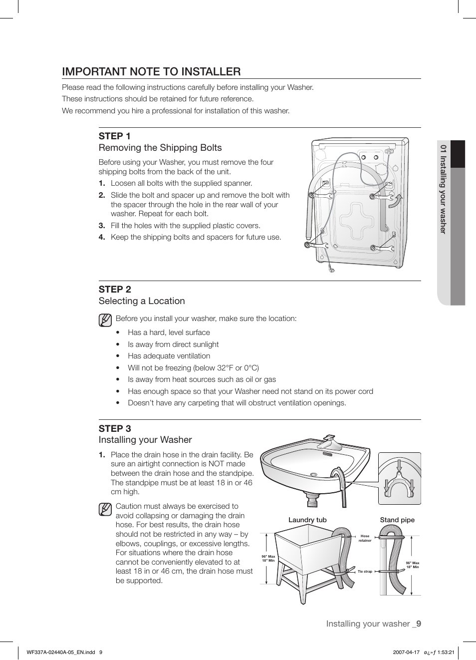 Step 1 removing the shipping bolts, Step 2 selecting a location, Step 3 installing your washer | Installing your washer | Samsung SK-4A User Manual | Page 9 / 28