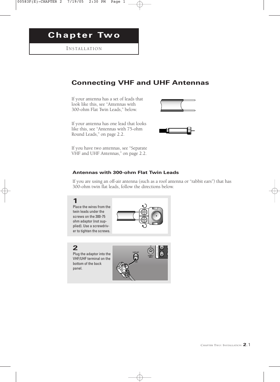 Chapter two : installation, Connecting vhf and uhf antennas, Antennas with 300-ohm flat twin leads | Samsung Tantus PCK 6115R User Manual | Page 15 / 58