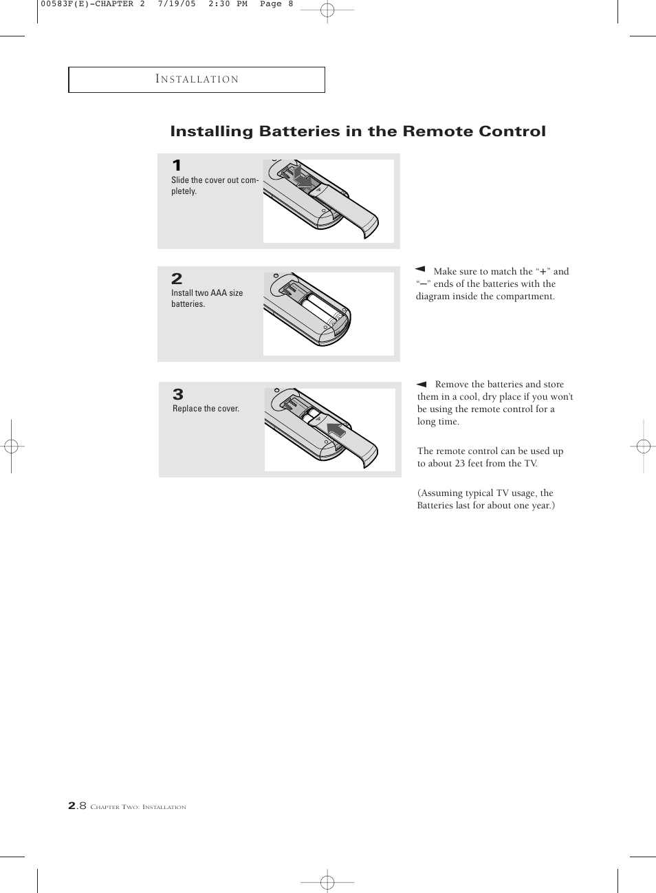 Installing batteries in the remote control | Samsung Tantus PCK 6115R User Manual | Page 22 / 58