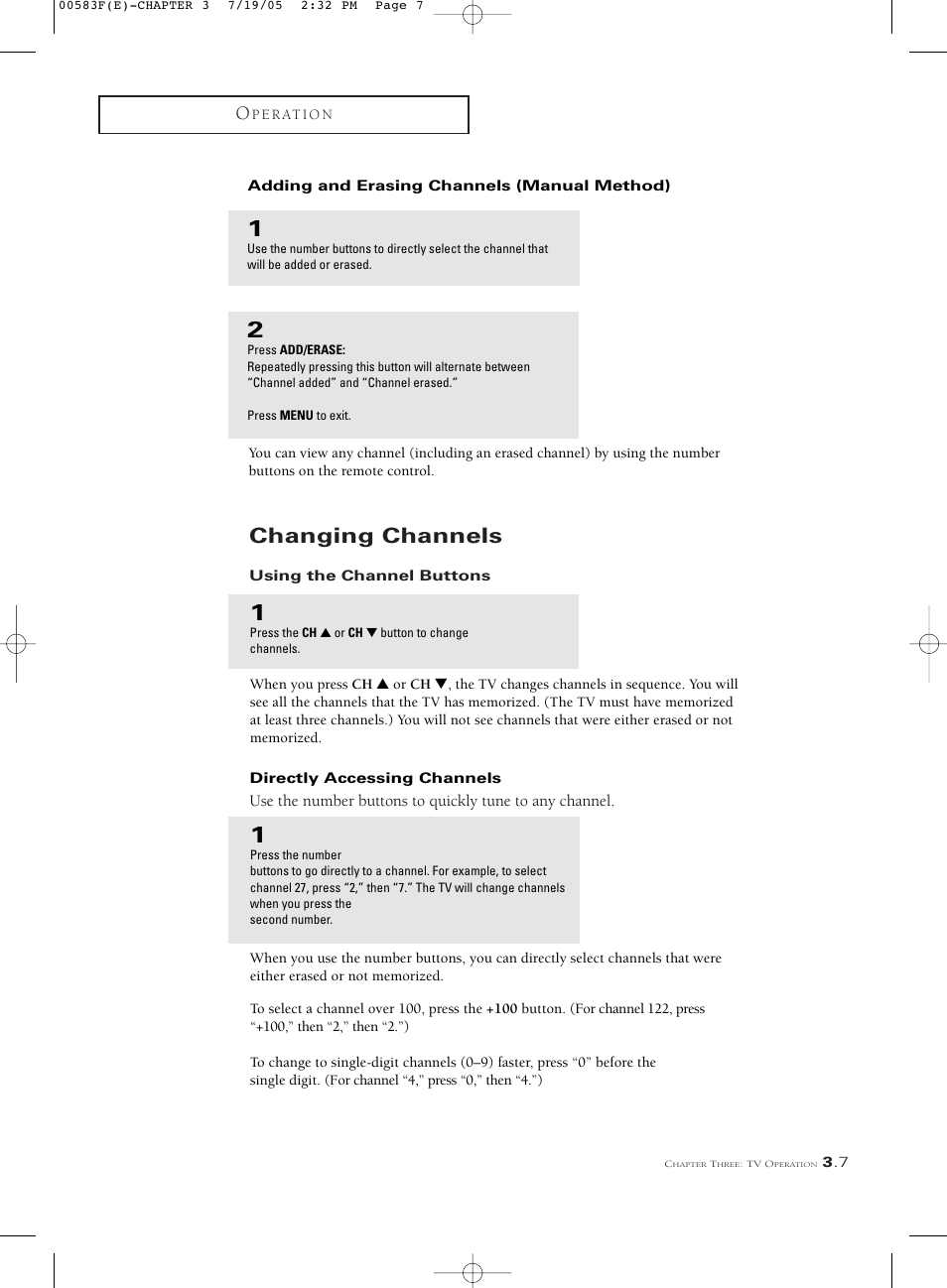 Adding and erasing channels (manual method), Changing channels, Using the channel buttons | Directly accessing channels | Samsung Tantus PCK 6115R User Manual | Page 29 / 58