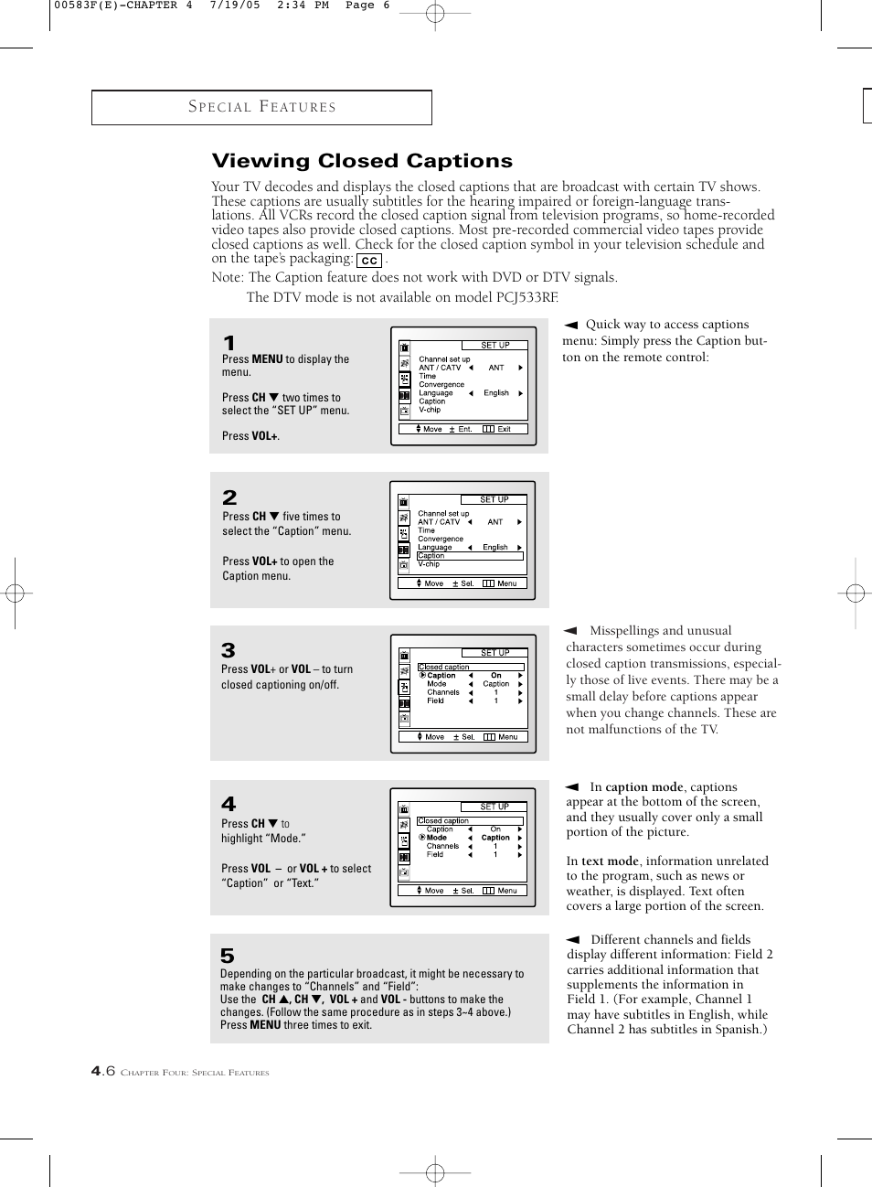 Viewing closed captions | Samsung Tantus PCK 6115R User Manual | Page 42 / 58