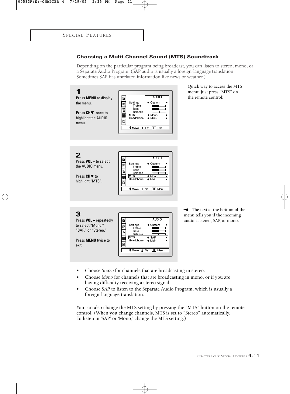 Choosing a multi-channel sound (mts) soundtrack | Samsung Tantus PCK 6115R User Manual | Page 47 / 58