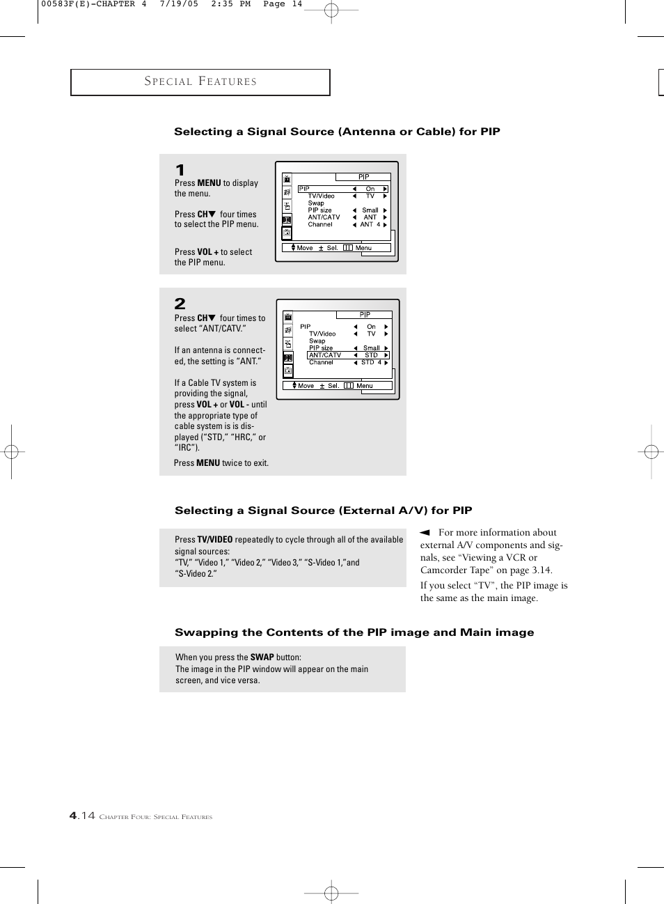 Selecting a signal source (external a/v) for pip | Samsung Tantus PCK 6115R User Manual | Page 50 / 58