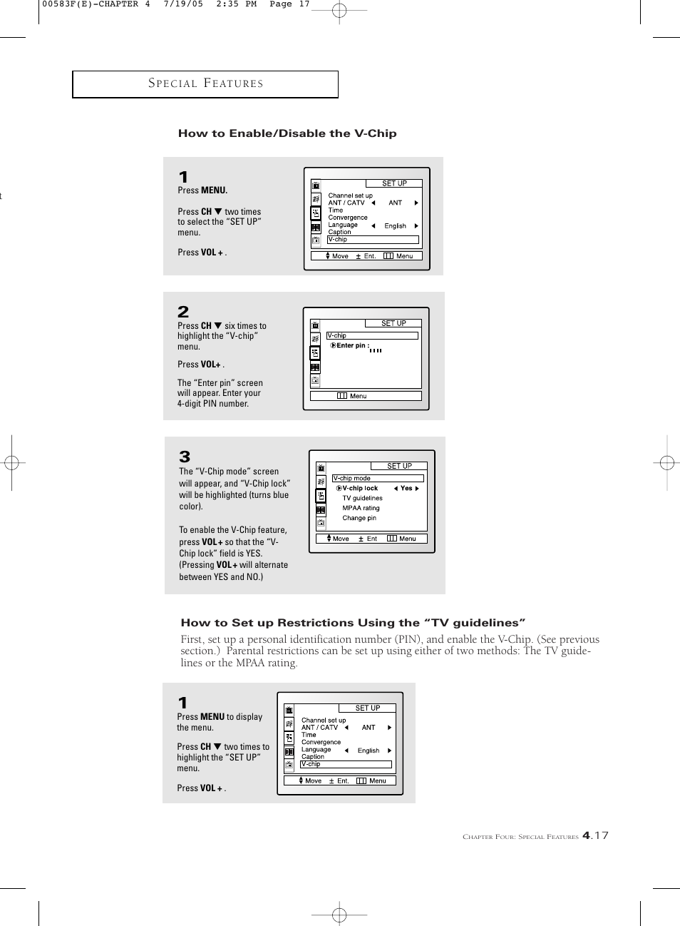 How to enable/disable the v-chip | Samsung Tantus PCK 6115R User Manual | Page 53 / 58