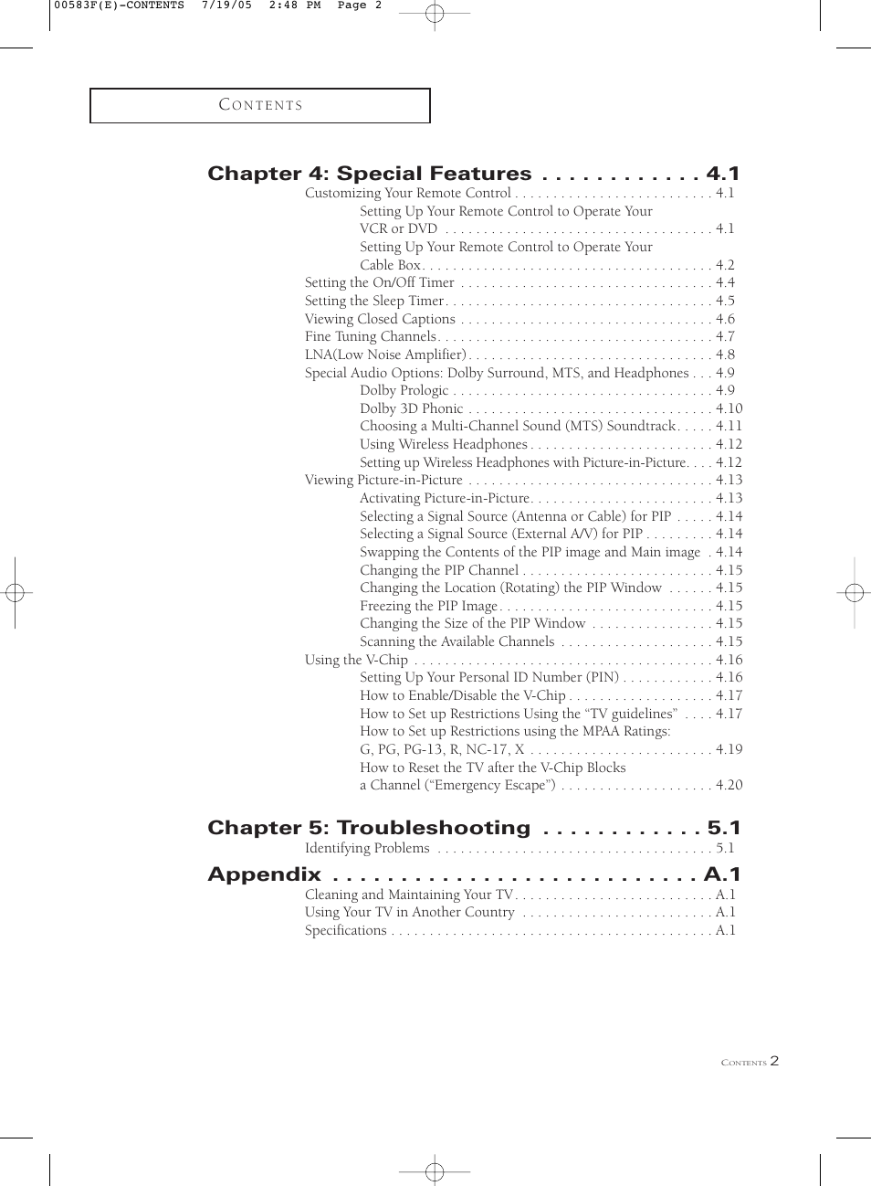 Chapter 4: special features, Chapter 5: troubleshooting | Samsung Tantus PCK 6115R User Manual | Page 7 / 58