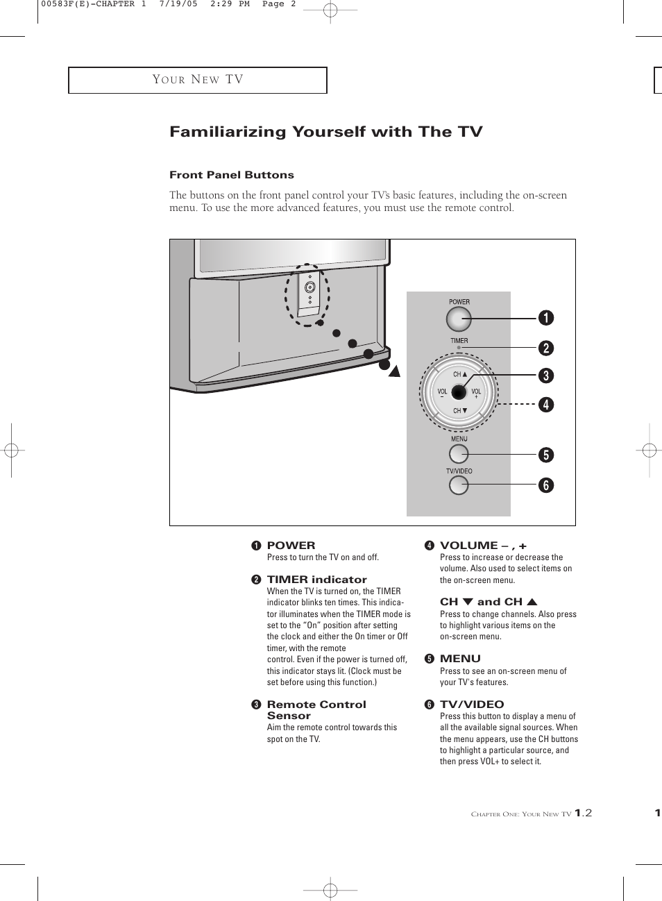 Familiarizing yourself with the tv, Front panel buttons | Samsung Tantus PCK 6115R User Manual | Page 9 / 58