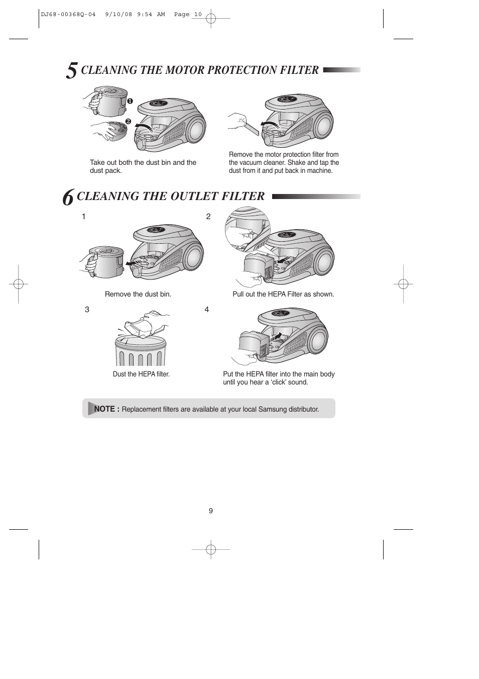 5cleaning the motor protection filter, 6cleaning the outlet filter, Cleaning the outlet filter | Cleaning the motor protection filter | Samsung SC9580 User Manual | Page 10 / 16