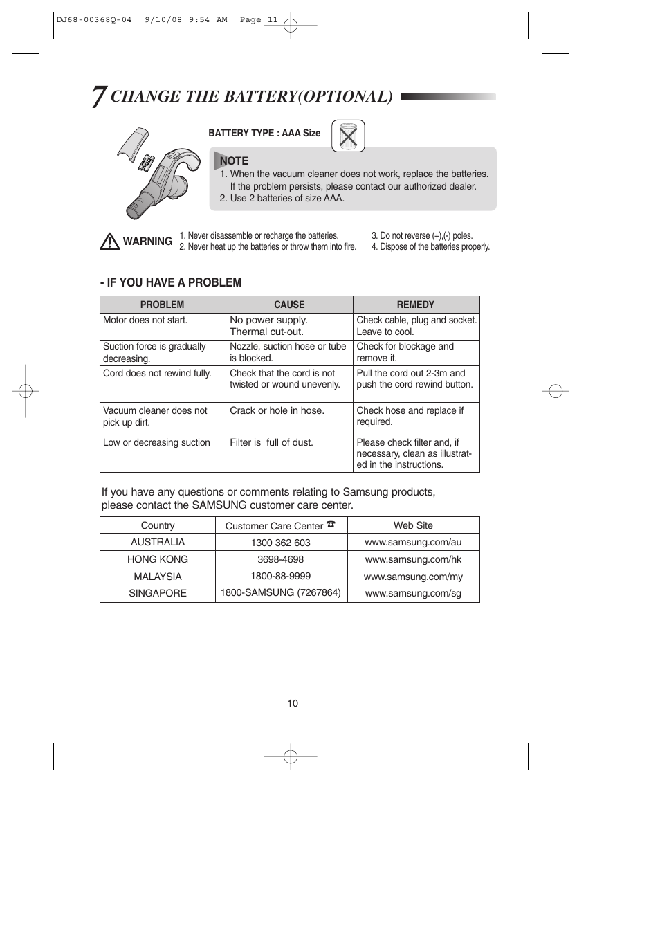 7change the battery(optional), If you have a problem, Change the battery(optional) | Samsung SC9580 User Manual | Page 11 / 16