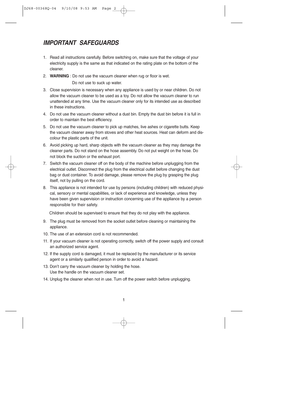 Important safeguards1, Important safeguards | Samsung SC9580 User Manual | Page 2 / 16