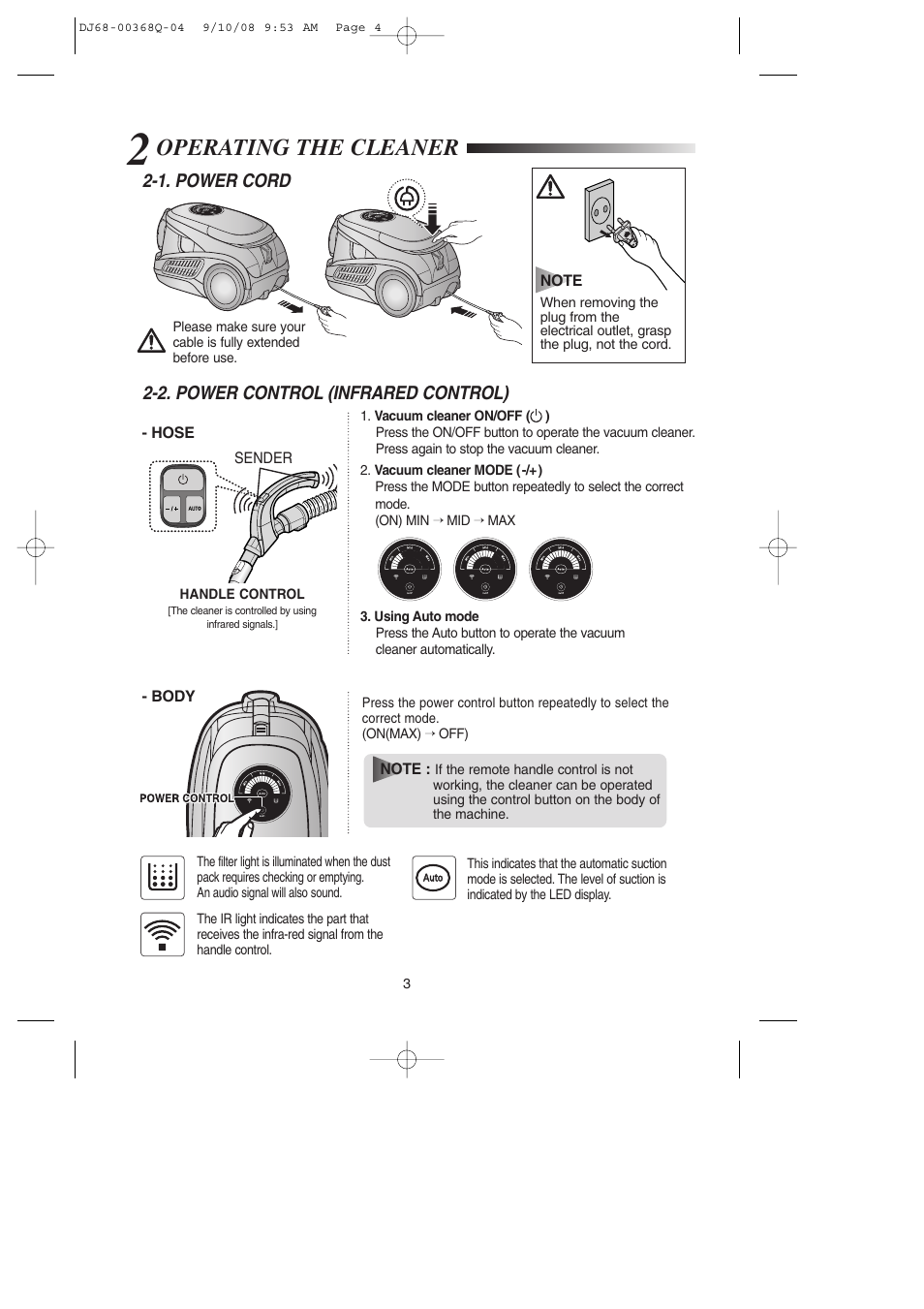 2operating the cleaner, Operating the cleaner | Samsung SC9580 User Manual | Page 4 / 16