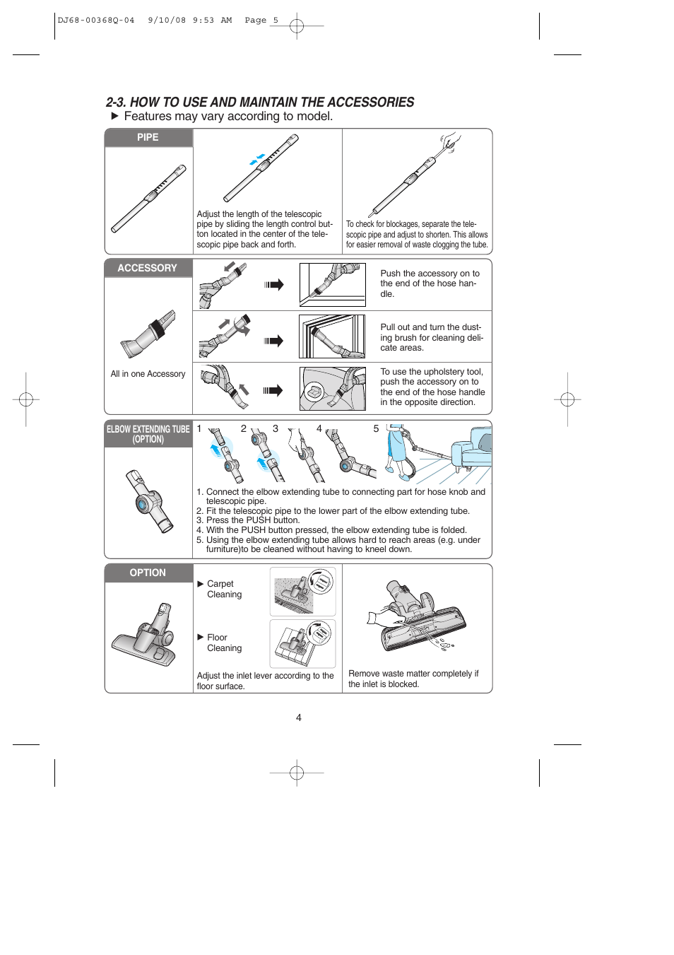 3. how to use and maintain the accessories, Features may vary according to model | Samsung SC9580 User Manual | Page 5 / 16