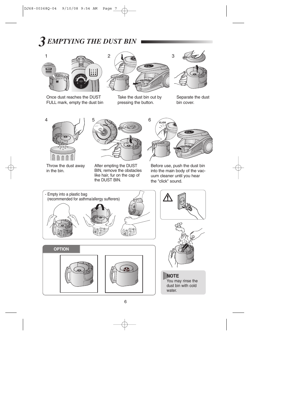 3emptying the dust bin, Emptying the dust bin | Samsung SC9580 User Manual | Page 7 / 16