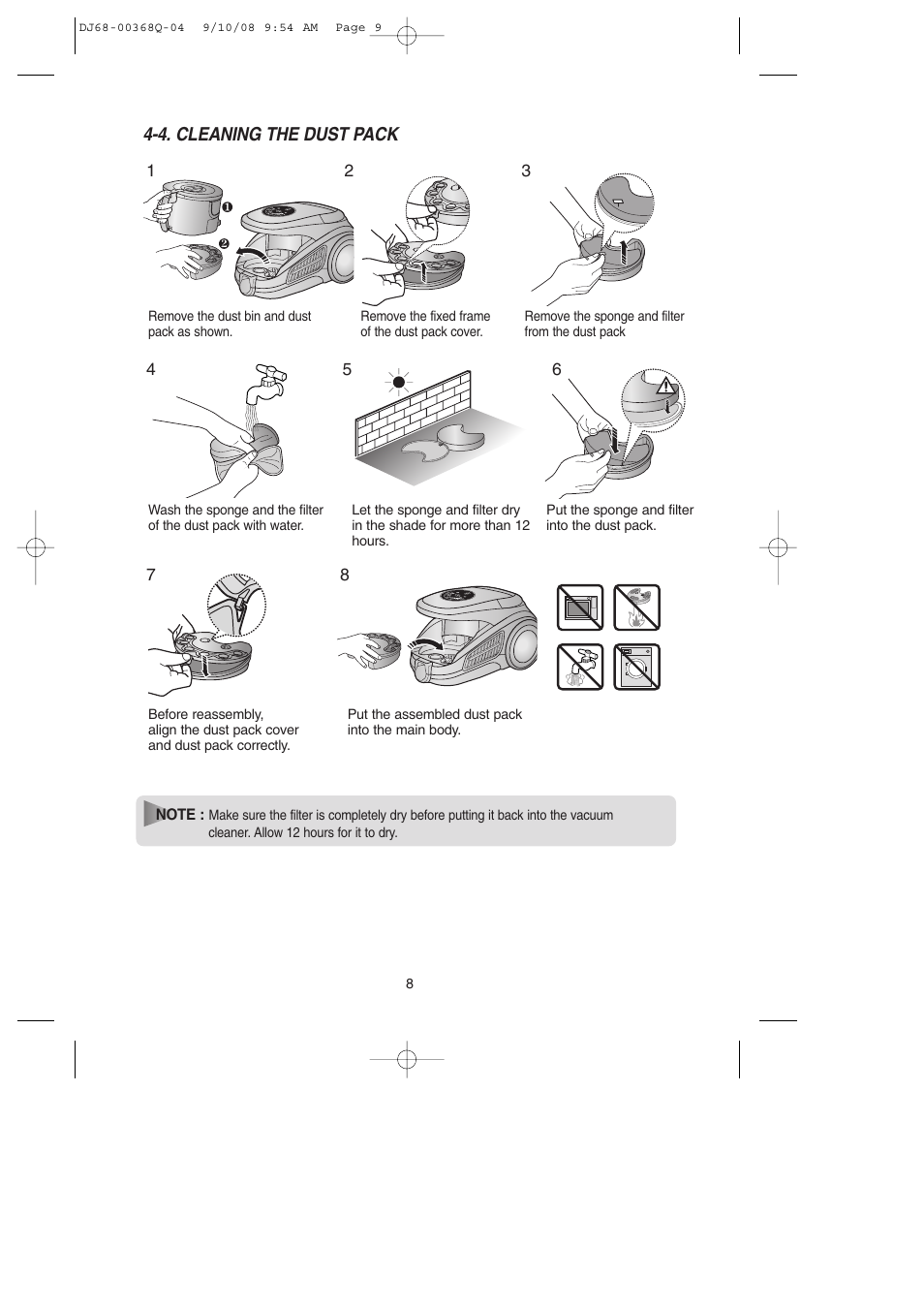4. cleaning the dust pack | Samsung SC9580 User Manual | Page 9 / 16
