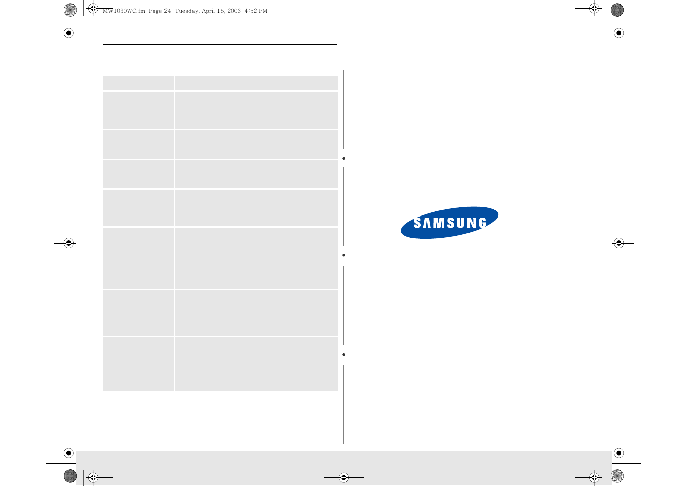 Quick reference(english) | Samsung MW1030BC User Manual | Page 24 / 24