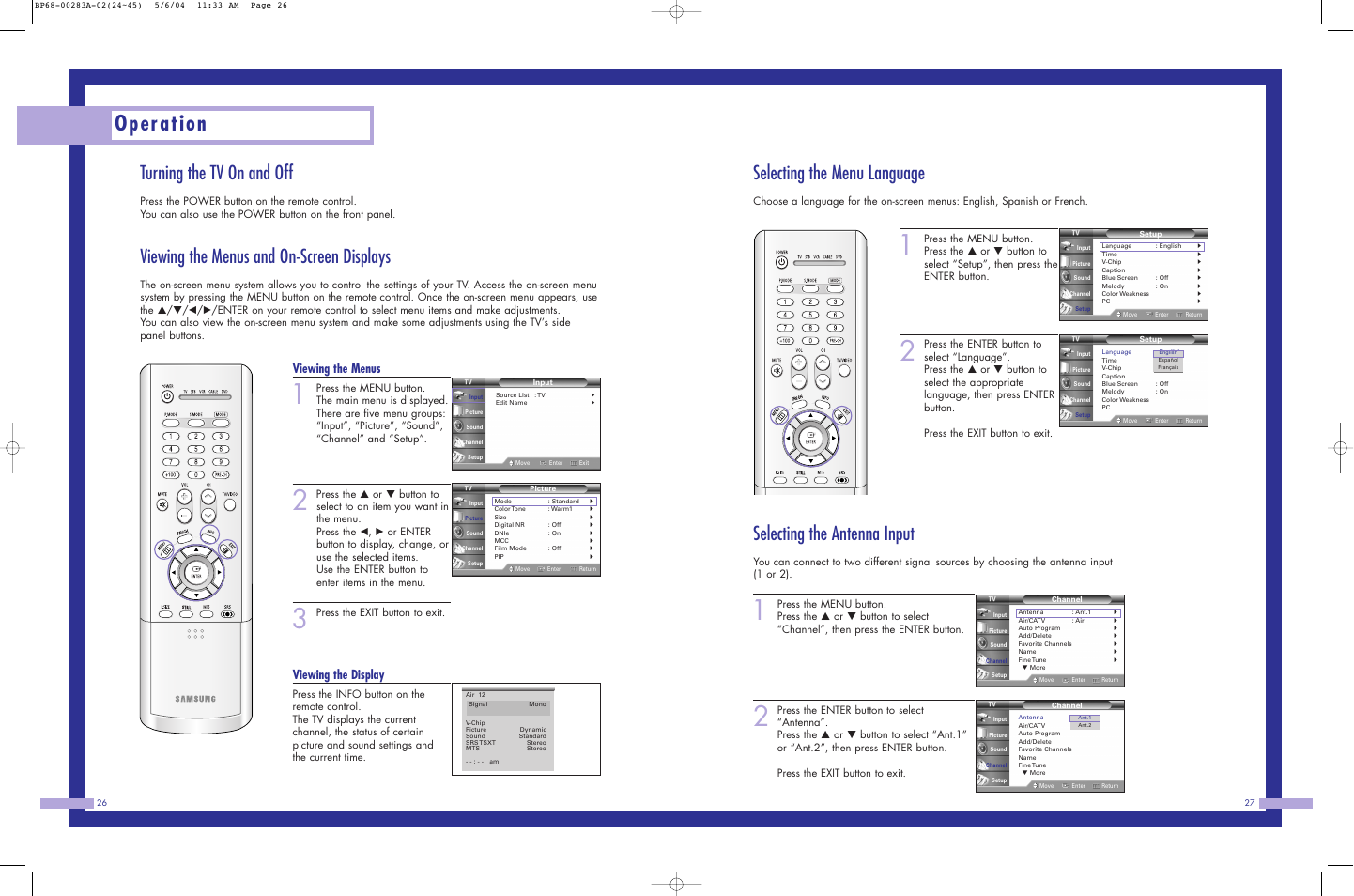 Operation, Turning the tv on and off, Viewing the menus and on-screen displays | Selecting the menu language, Selecting the antenna input, Viewing the menus, Viewing the display, Press the exit button to exit | Samsung HL-P6163W User Manual | Page 14 / 46