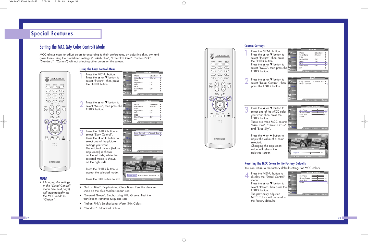 Special features, Setting the mcc (my color control) mode, Using the easy control menu | Custom settings, Resetting the mcc colors to the factory defaults | Samsung HL-P6163W User Manual | Page 28 / 46