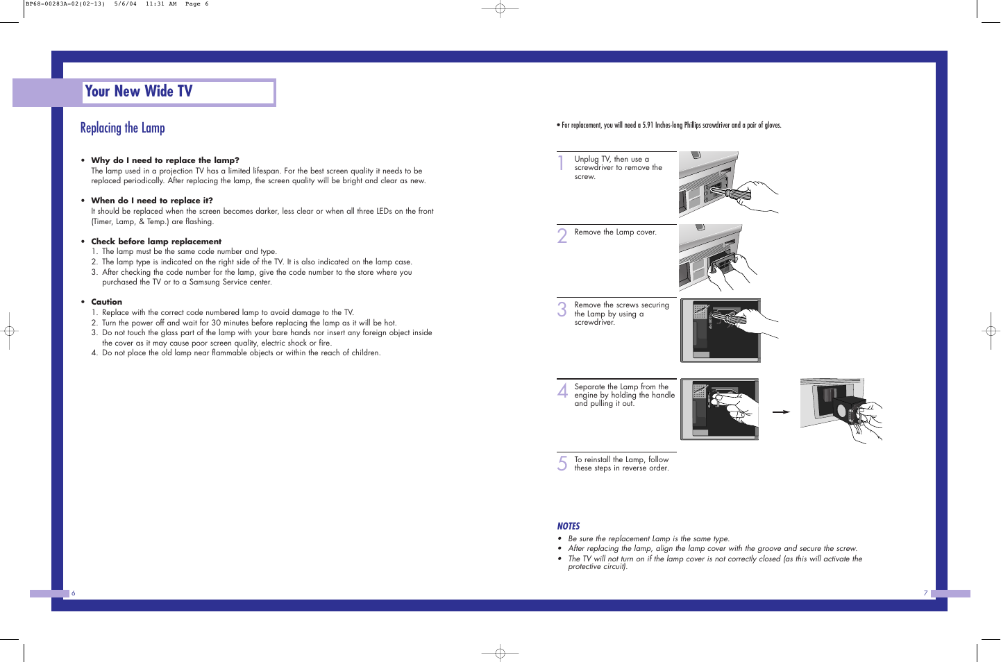 Your new wide tv, Replacing the lamp | Samsung HL-P6163W User Manual | Page 4 / 46