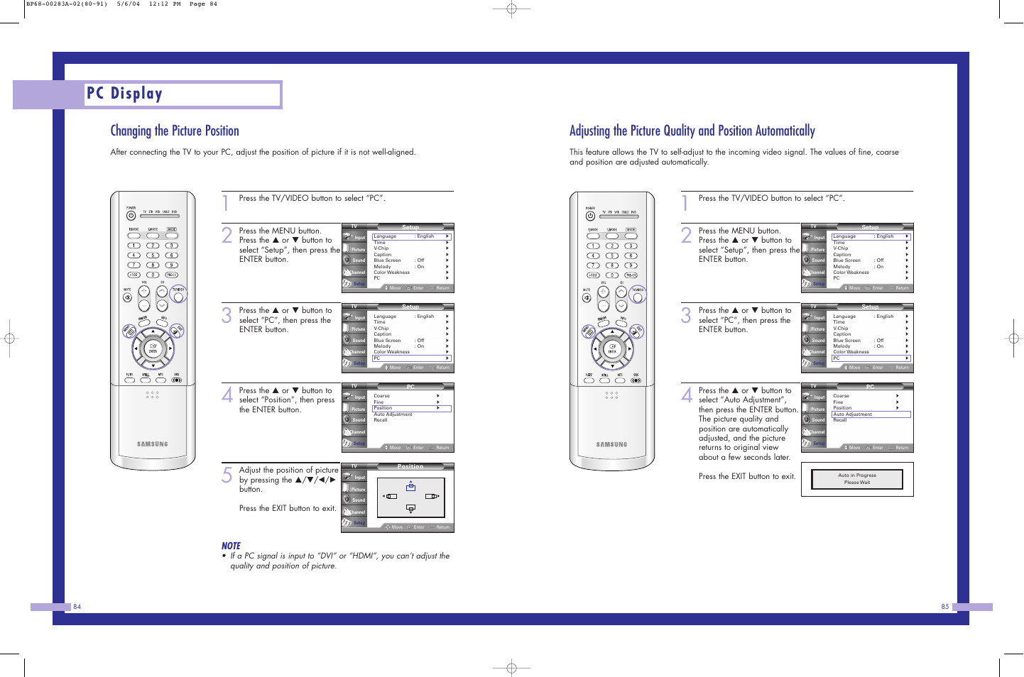 Pc display, Changing the picture position, Press the tv/video button to select “pc | Samsung HL-P6163W User Manual | Page 43 / 46