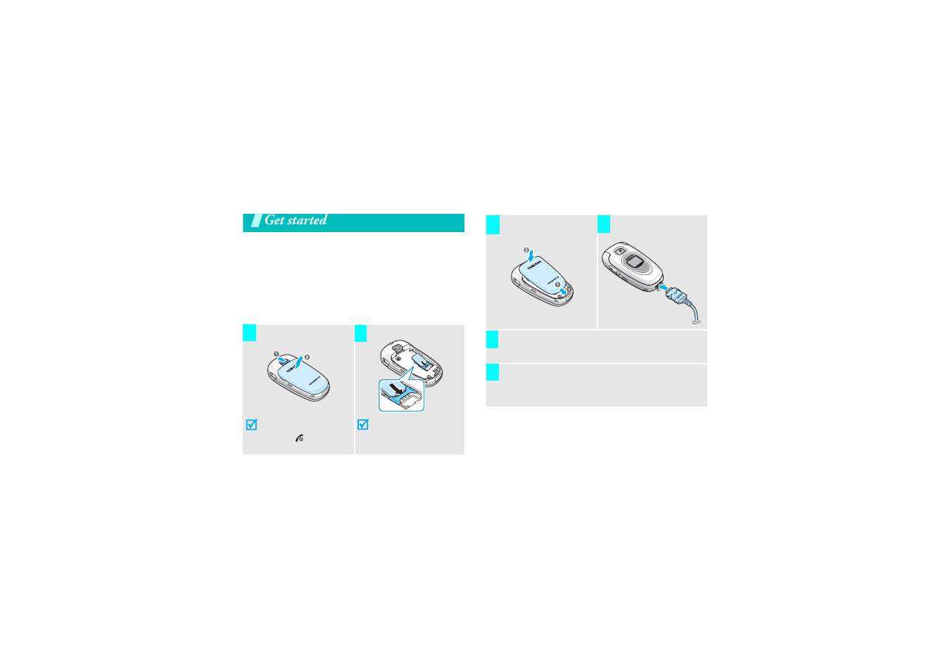 Get started, First steps to operating your phone, Install and charge the phone | Samsung E340 User Manual | Page 10 / 102