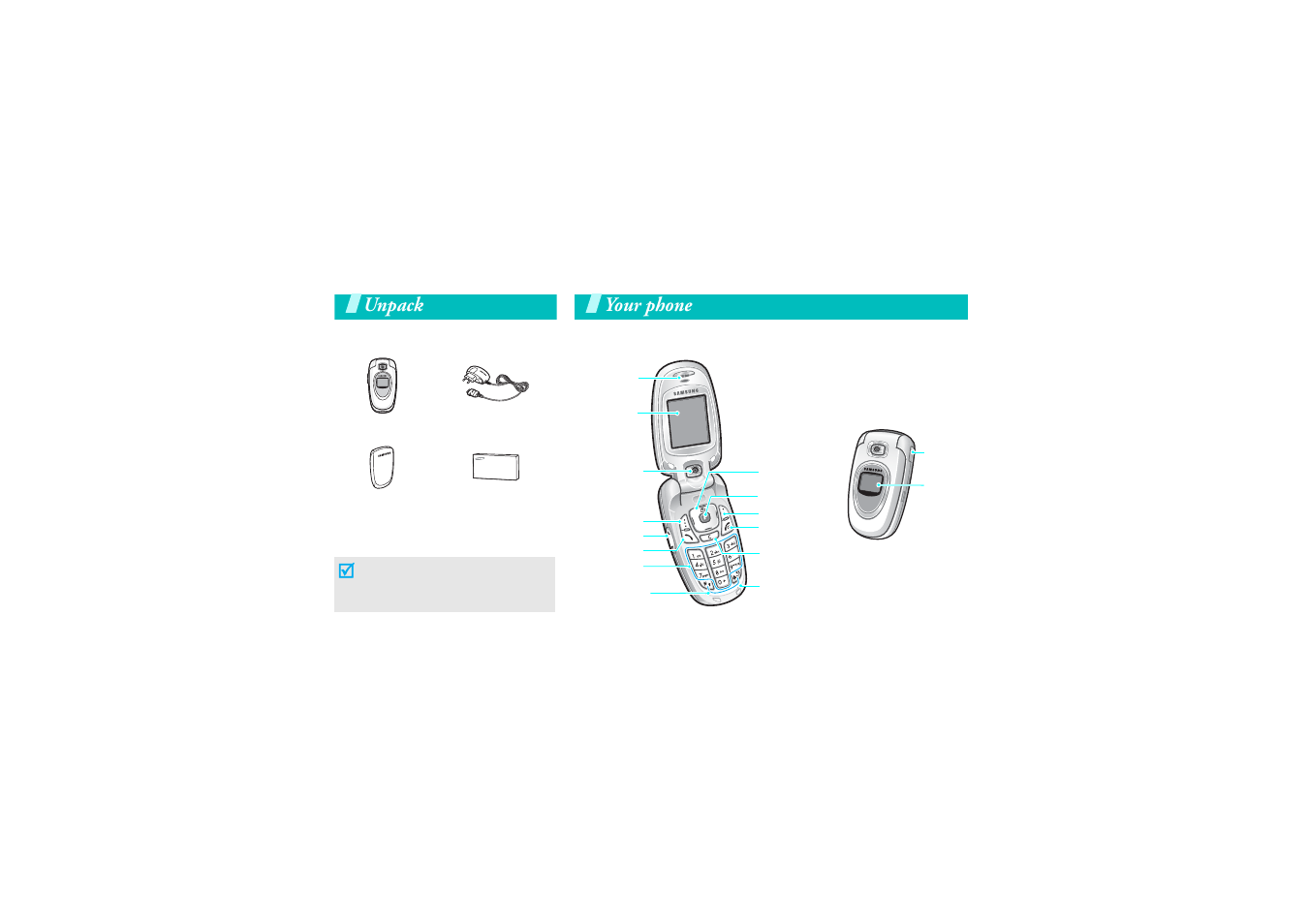 Unpack, Your phone, Make sure you have each item | Buttons, features, and locations | Samsung E340 User Manual | Page 9 / 102