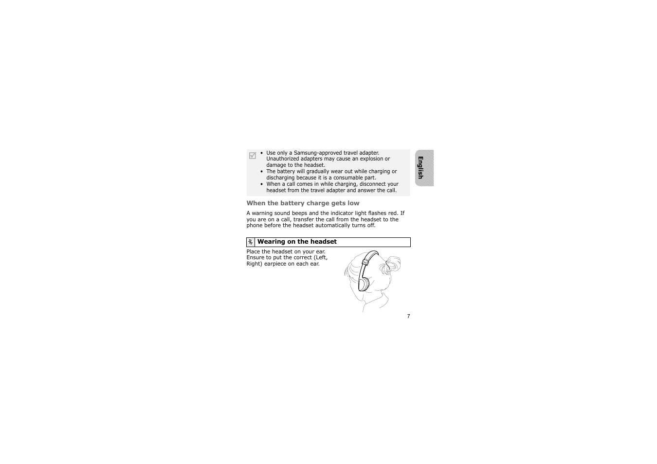 Wearing on the headset | Samsung A3LSBH600 User Manual | Page 10 / 99
