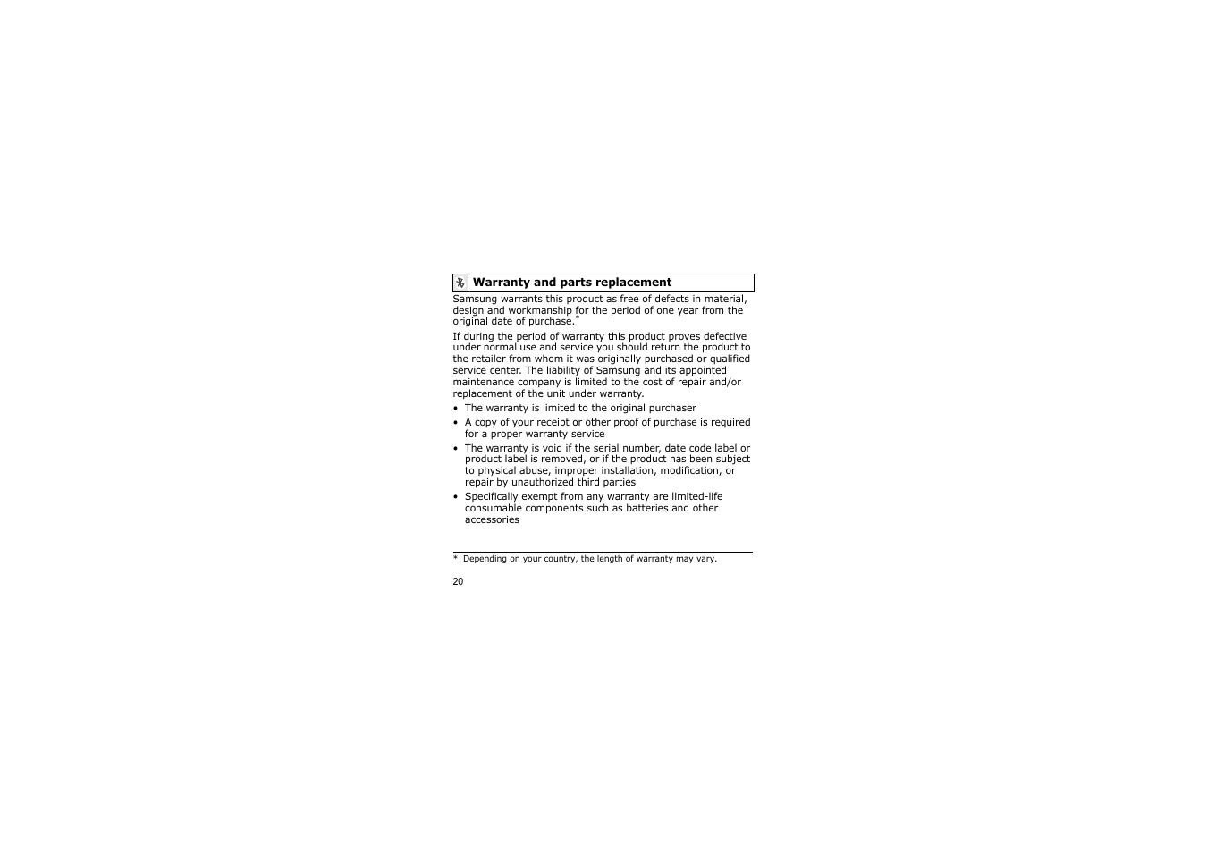 Warranty and parts replacement | Samsung A3LSBH600 User Manual | Page 23 / 99