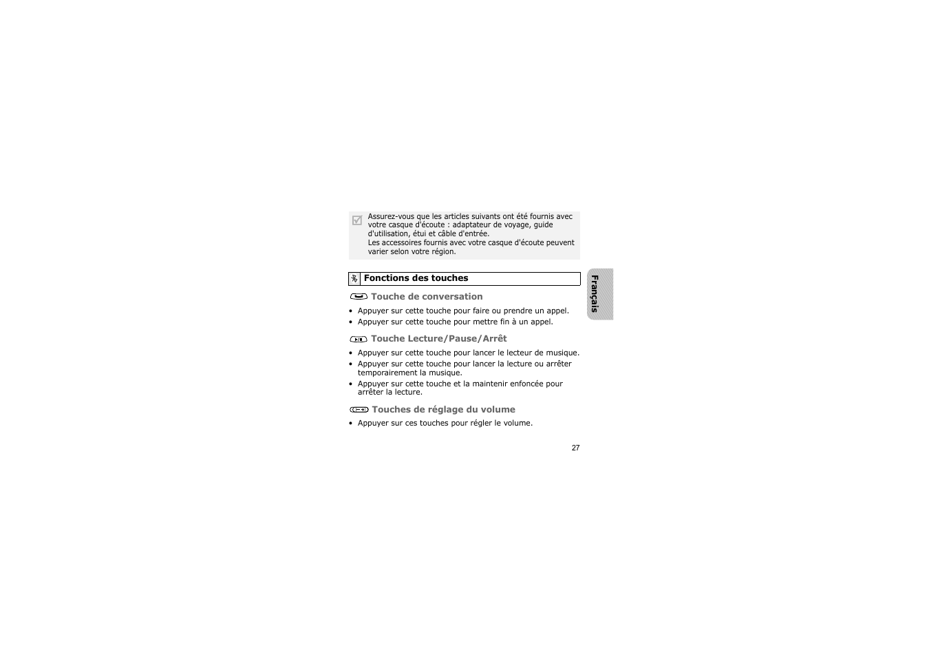 Fonctions des touches | Samsung A3LSBH600 User Manual | Page 30 / 99