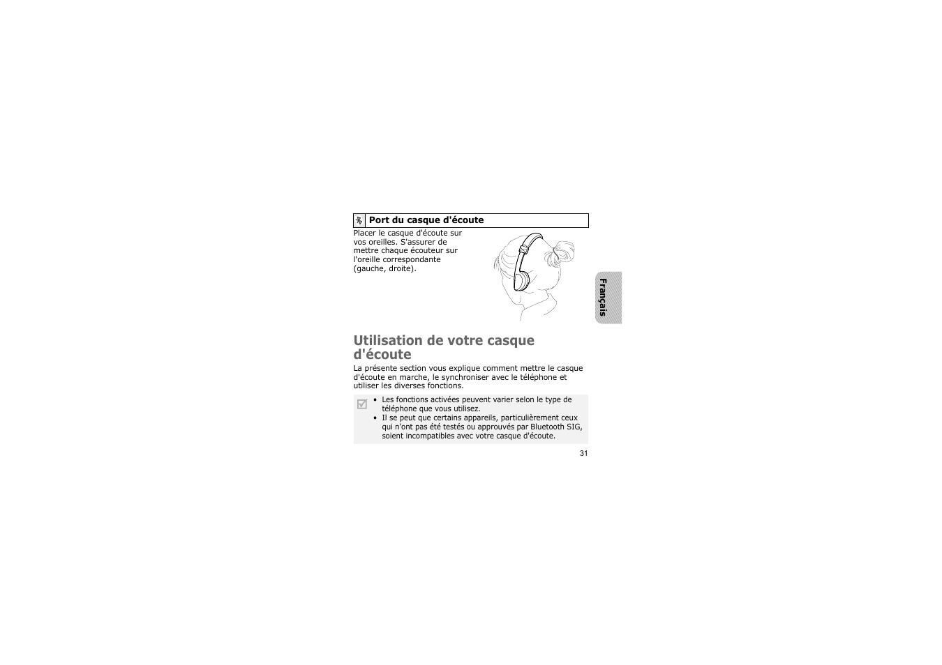 Port du casque d'écoute, Utilisation de votre casque d'écoute | Samsung A3LSBH600 User Manual | Page 34 / 99