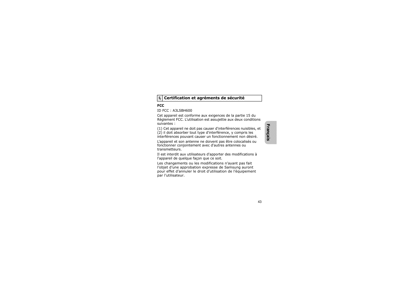 Certification et agréments de sécurité | Samsung A3LSBH600 User Manual | Page 46 / 99