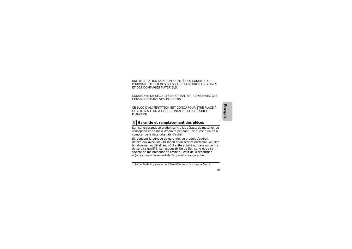 Garantie et remplacement des pièces | Samsung A3LSBH600 User Manual | Page 48 / 99