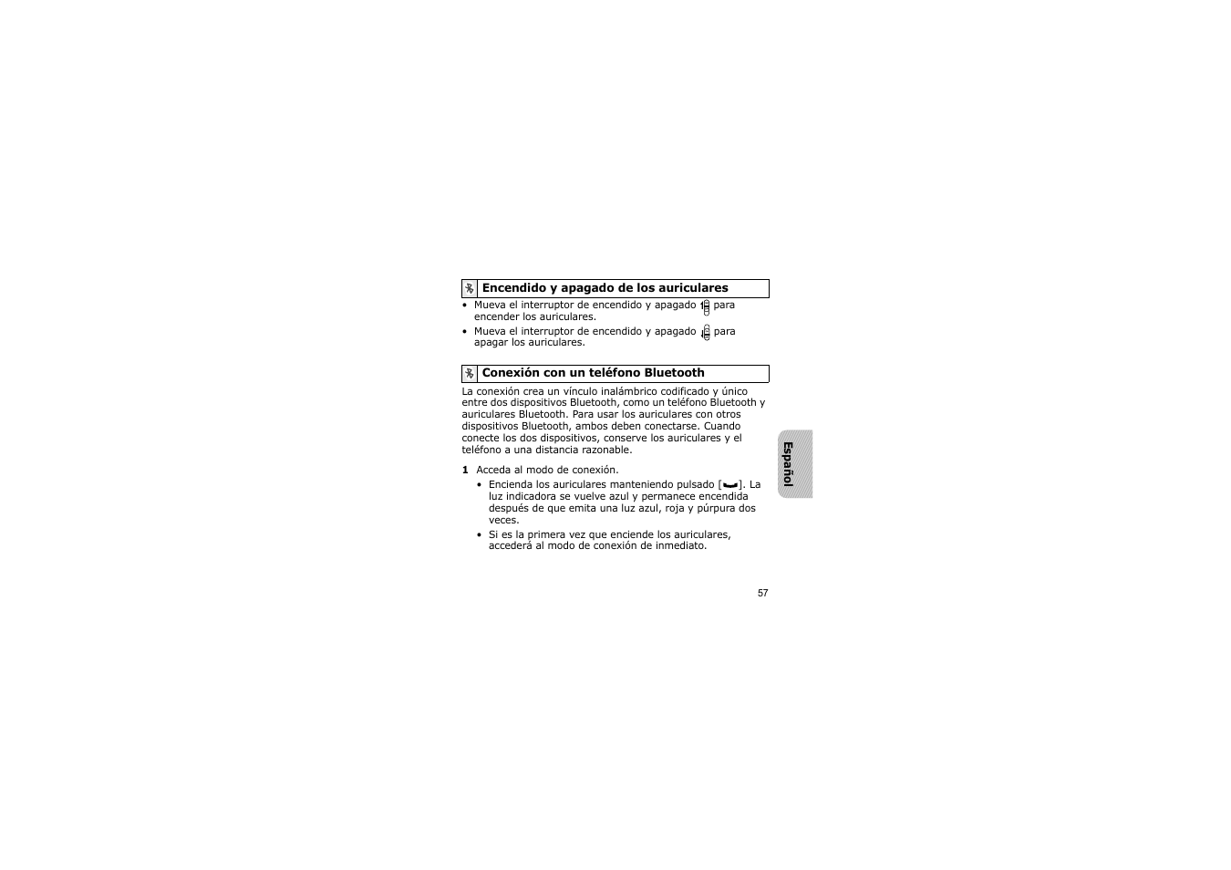 Encendido y apagado de los auriculares, Conexión con un teléfono bluetooth | Samsung A3LSBH600 User Manual | Page 60 / 99