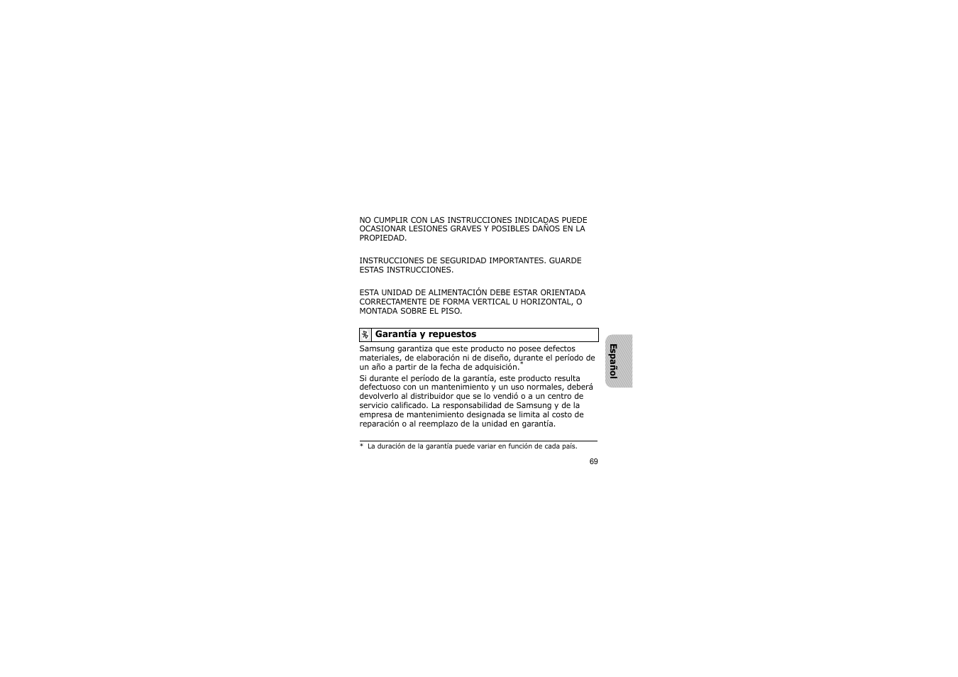 Garantía y repuestos | Samsung A3LSBH600 User Manual | Page 72 / 99