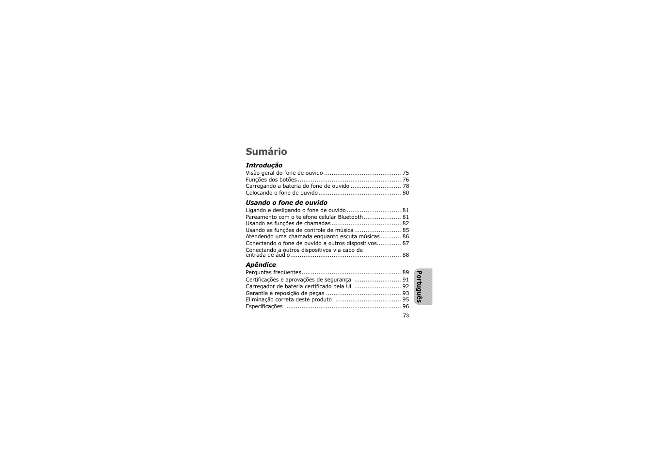 Português, Sumário | Samsung A3LSBH600 User Manual | Page 76 / 99