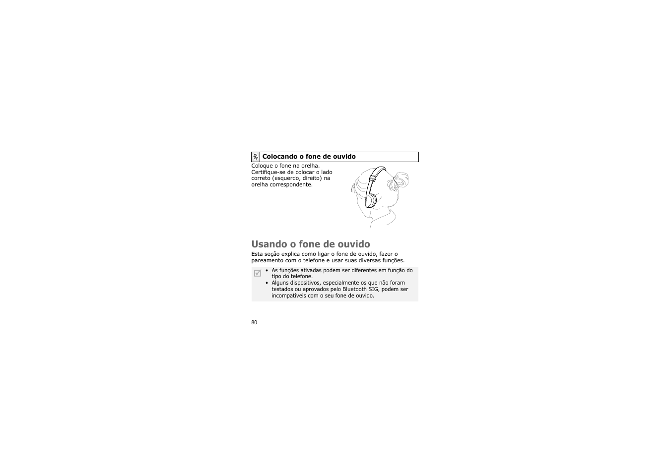 Colocando o fone de ouvido, Usando o fone de ouvido | Samsung A3LSBH600 User Manual | Page 83 / 99
