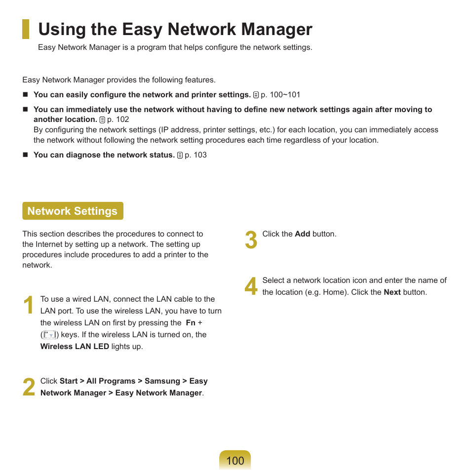 Using the easy network manager, Network settings | Samsung M60 User Manual | Page 101 / 201