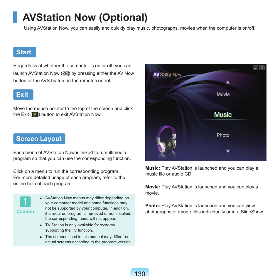 Avstation now (optional), Start, Exit | Screen layout | Samsung M60 User Manual | Page 131 / 201
