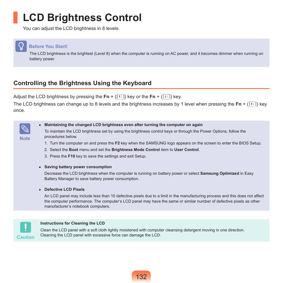 Lcd brightness control, Controlling the brightness using the keyboard | Samsung M60 User Manual | Page 133 / 201