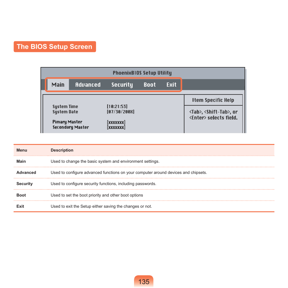 The bios setup screen, 135 the bios setup screen | Samsung M60 User Manual | Page 136 / 201