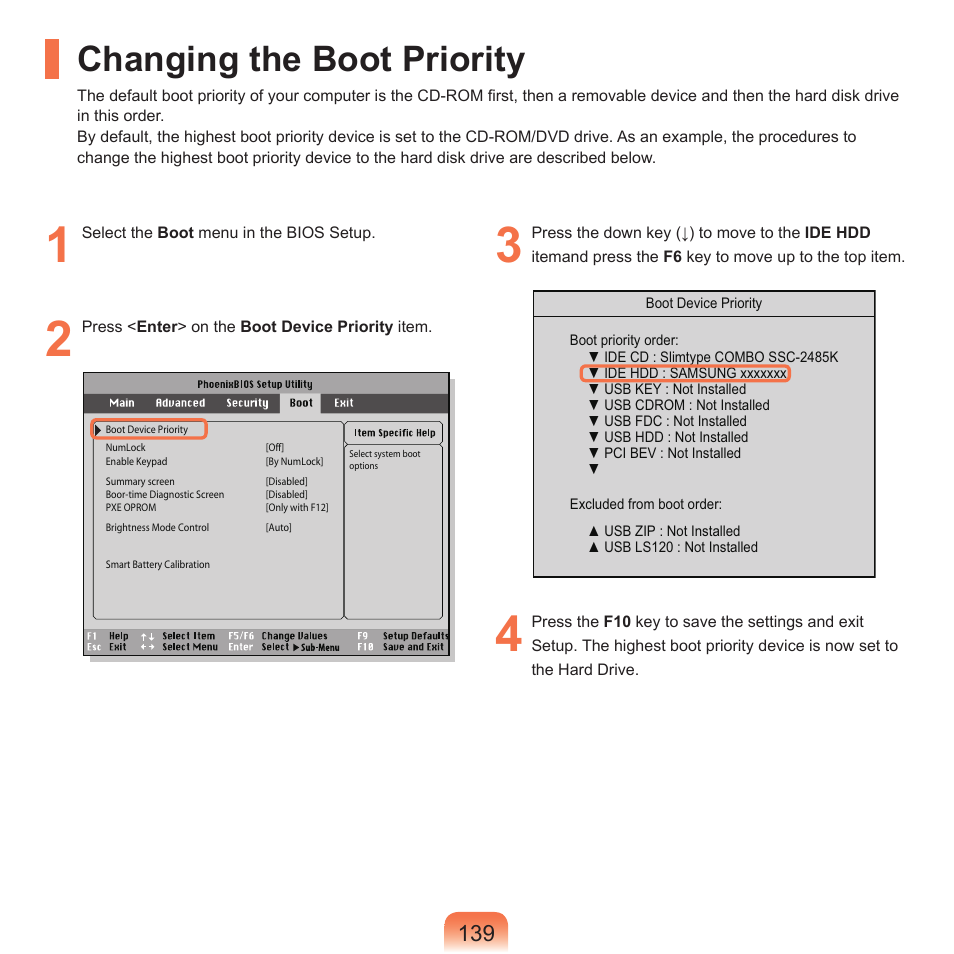 Changing the boot priority | Samsung M60 User Manual | Page 140 / 201