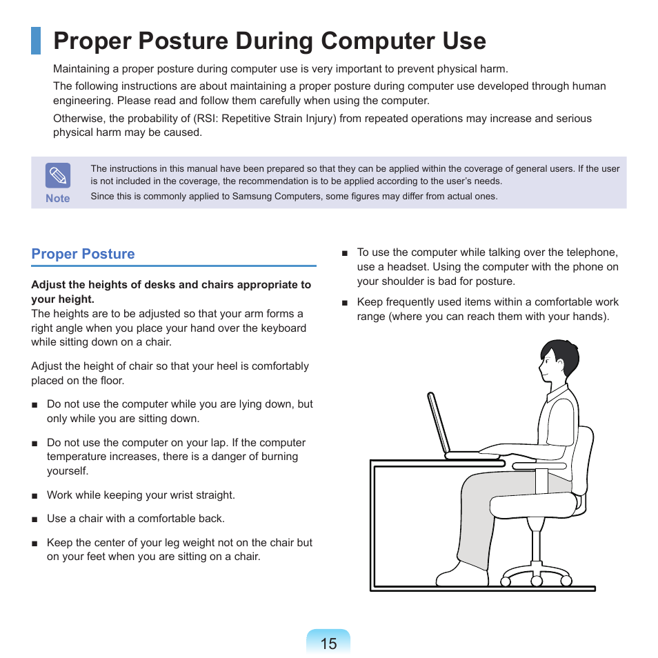 Proper posture during computer use | Samsung M60 User Manual | Page 16 / 201