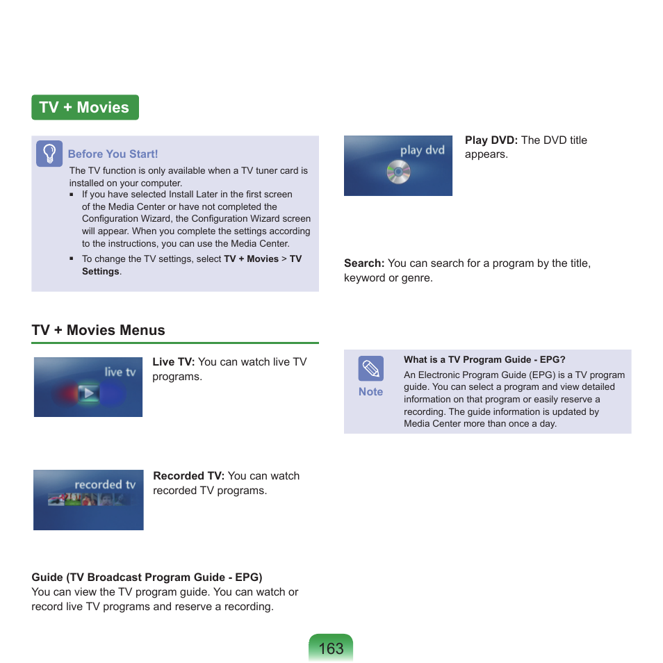 Tv + movies, Tv + movies menus | Samsung M60 User Manual | Page 164 / 201