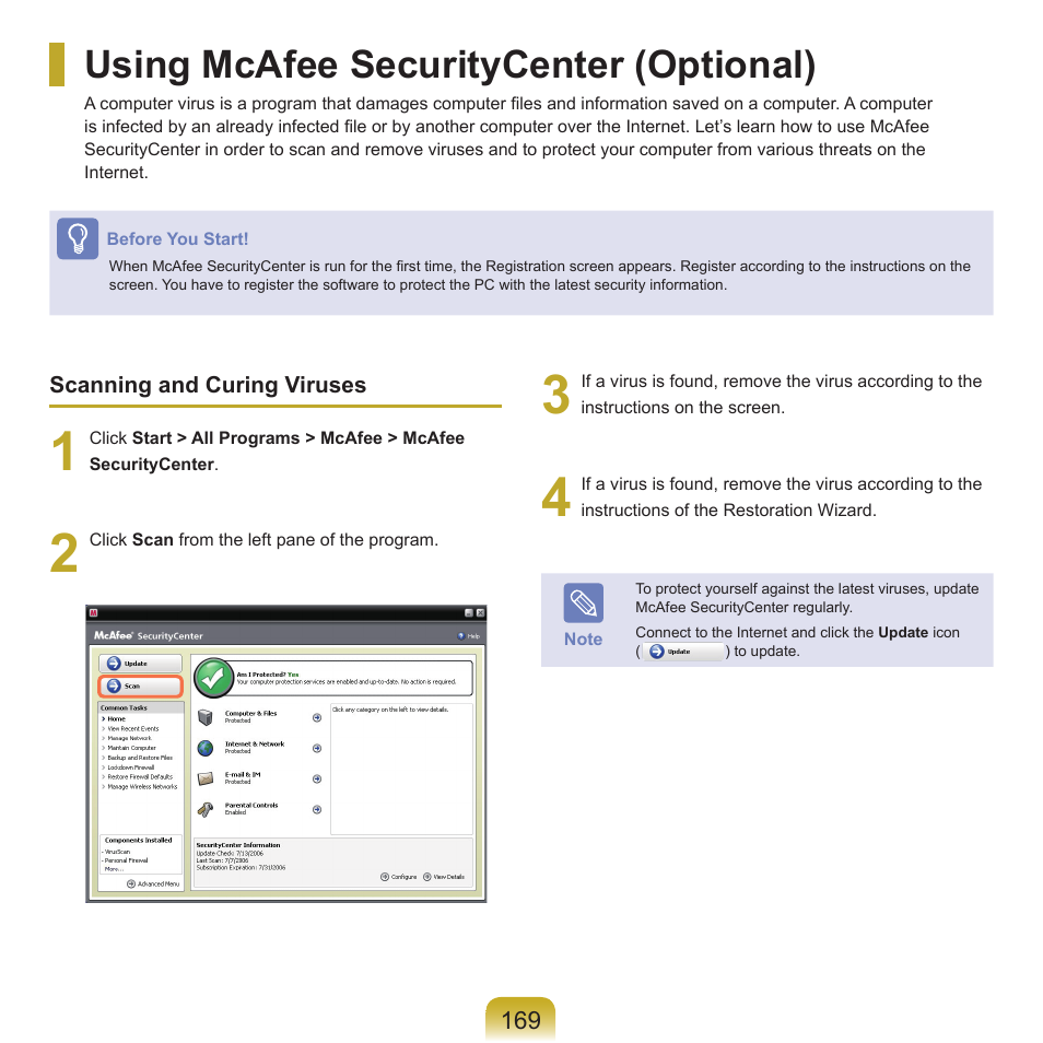 Using mcafee securitycenter (optional) | Samsung M60 User Manual | Page 170 / 201