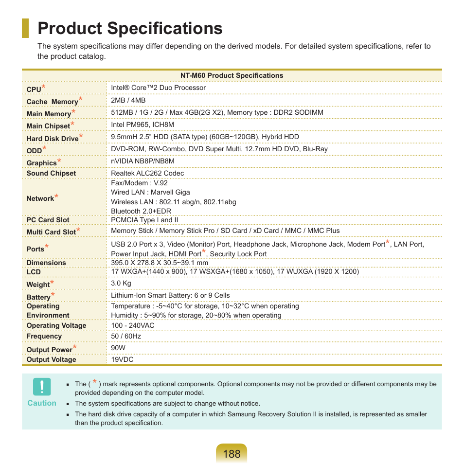 Product specifications | Samsung M60 User Manual | Page 189 / 201